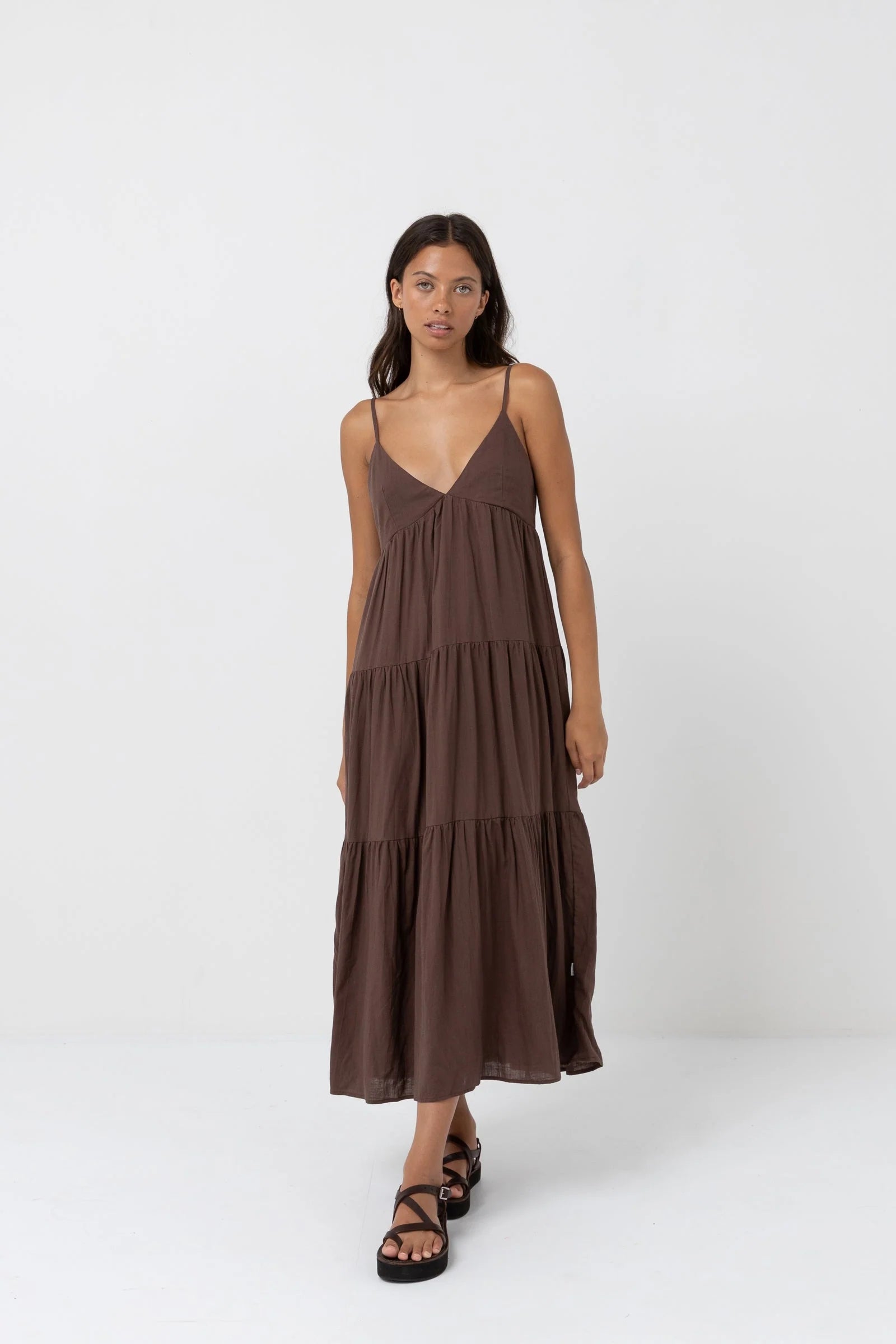 RHYTHM CLASSIC TIERED MIDI DRESS - CHOCOLATE Elegant V-Neck Midi Dress