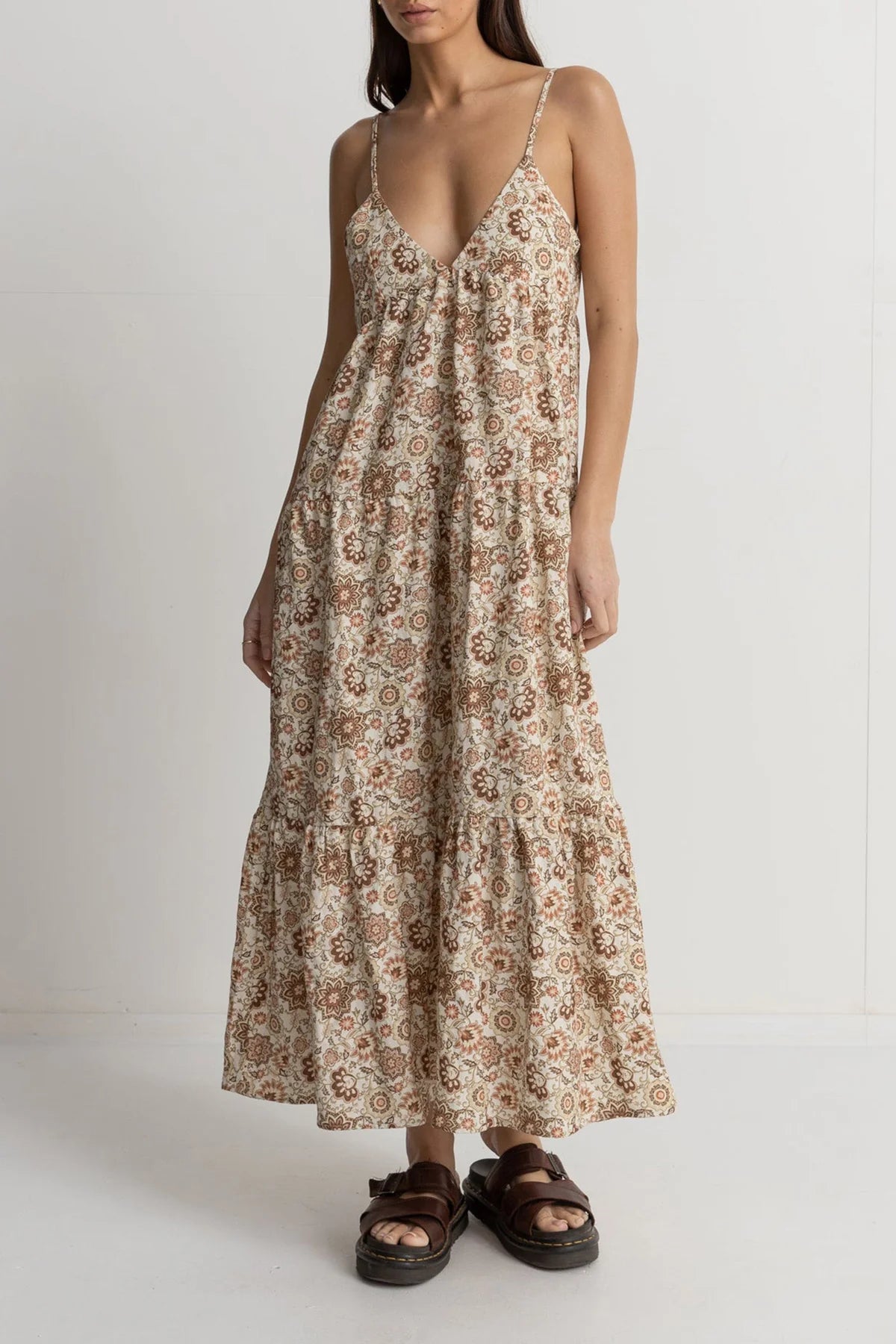 RHYTHM RAYA PAISLEY TIERED MIDI DRESS - NATURAL Elegant Satin Slip Midi Dress