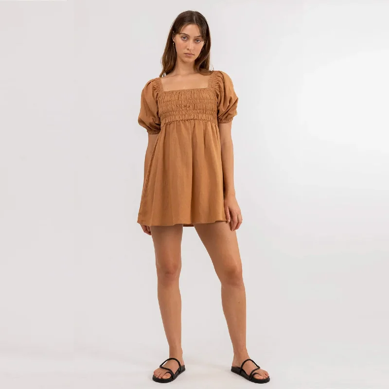 Rhythm Saskia Smocked Women's Mini Dress - Biscuit Classic Solid Mini Dress