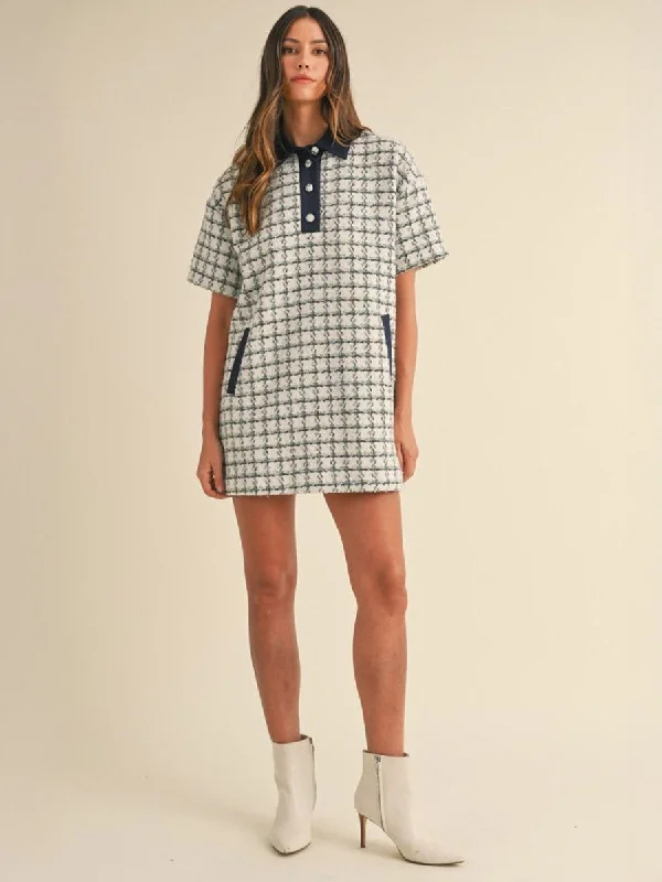 SHIRT COLLAR TWEED MINI DRESS - GREEN PLAID Casual Button-Up Mini Dress