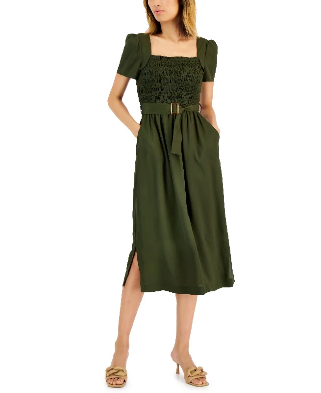 Tahari Asl Womens Smocked Top Belted Midi Dress Elegant Pleated Sleeve Midi Dress