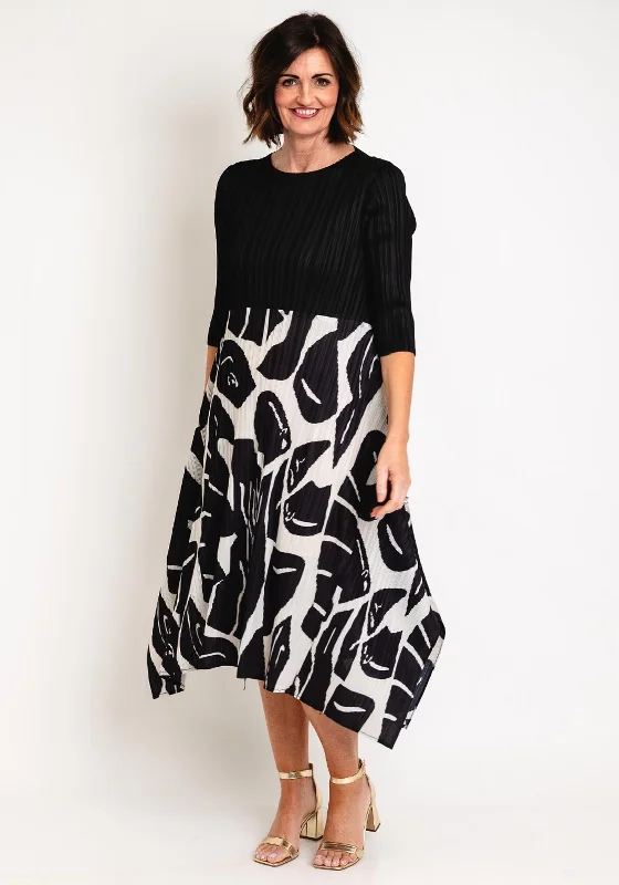 Thanny Pleated Abstract Print Midi Dress, Black Elegant Floral Skirt Midi Dress