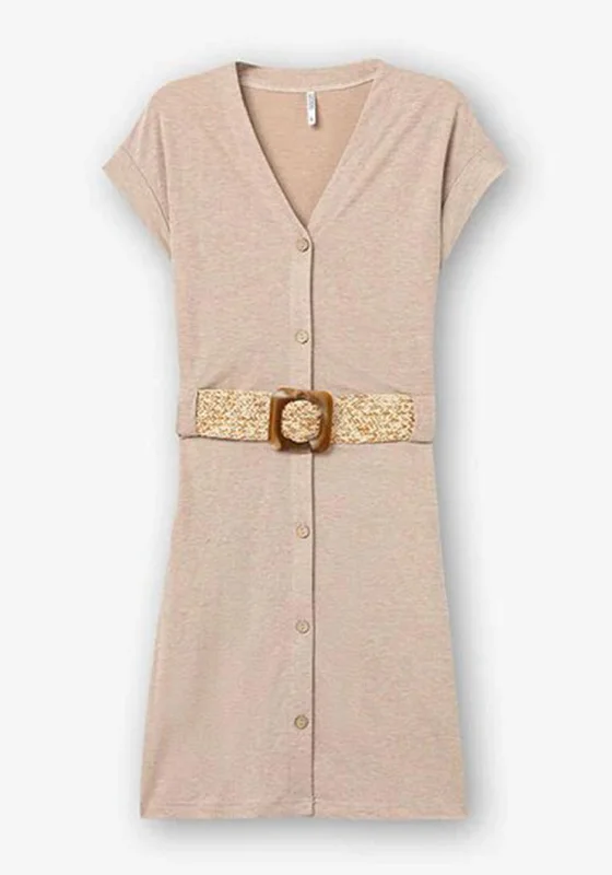 Tiffosi Chile Woven Belt Mini Dress, Beige Cozy Cotton Mini Dress