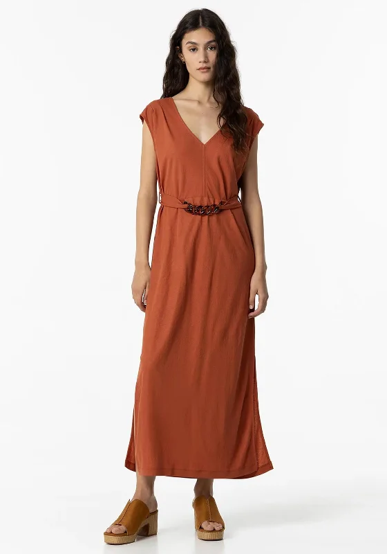 Tiffosi Menara Belted Midi Dress, Orange Stylish Satin Midi Dress