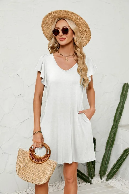 Ruffle Sleeve Shirt Cover Up Beach Mini Dress Trendy Off-Shoulder Dress Mini