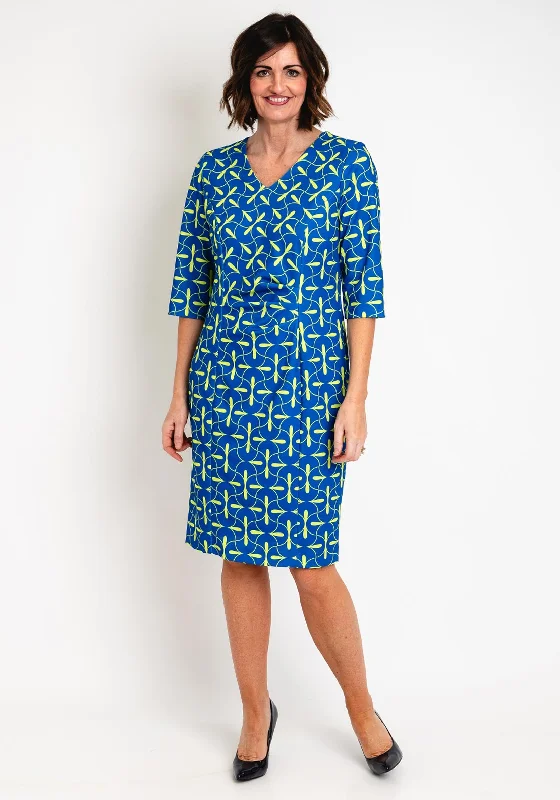 Via Veneto Printed Ruched Midi Dress, Royal Blue & Lime Stylish High-Waisted Midi Dress