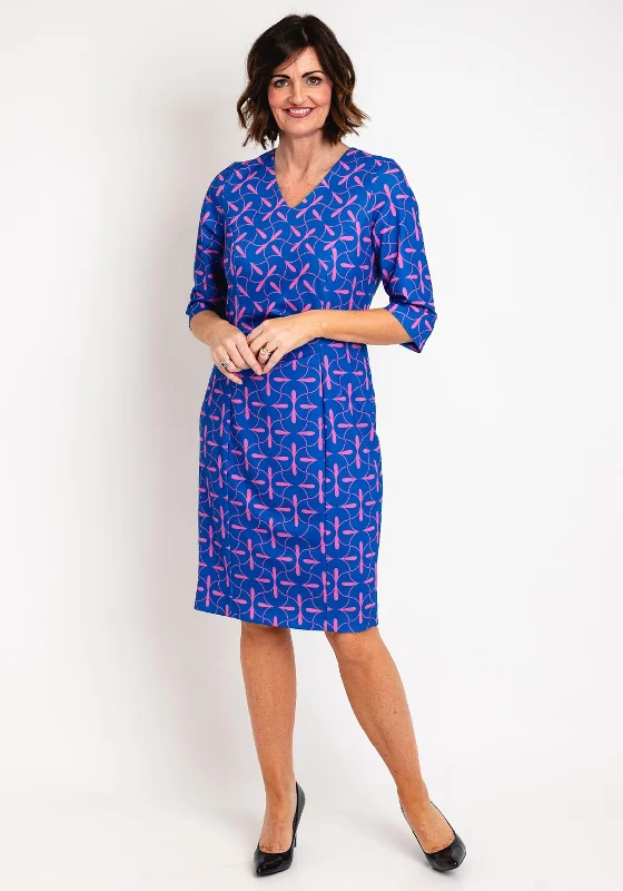 Via Veneto Printed Ruched Midi Dress, Royal Blue & Pink Fashionable Chiffon Midi Dress