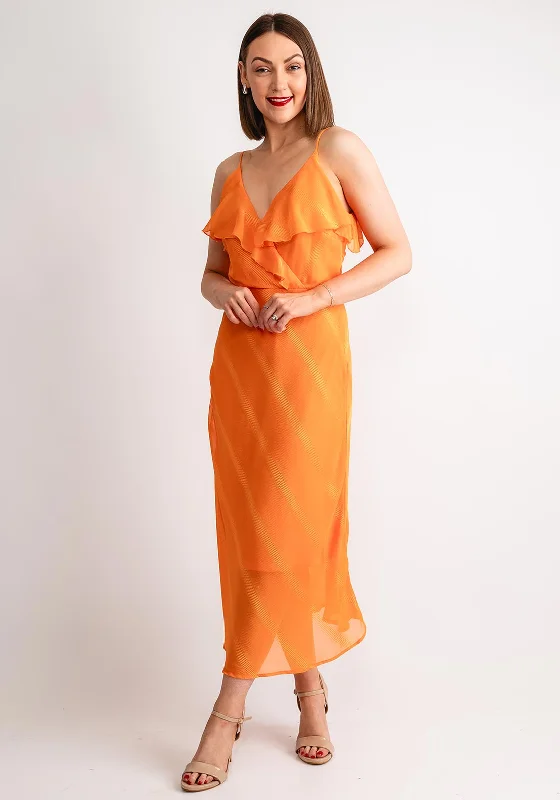 Vila Mina Frill Wrap Midi Dress, Sun Orange Elegant Puff Sleeve Midi Dress