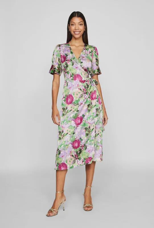 Vila Naria Floral Wrap Midi Dress, Fern Green Fashionable Skater Midi Dress