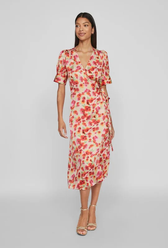 Vila Naria Floral Wrap Midi Dress, Poppy Red Trendy Ruched Side Midi Dress