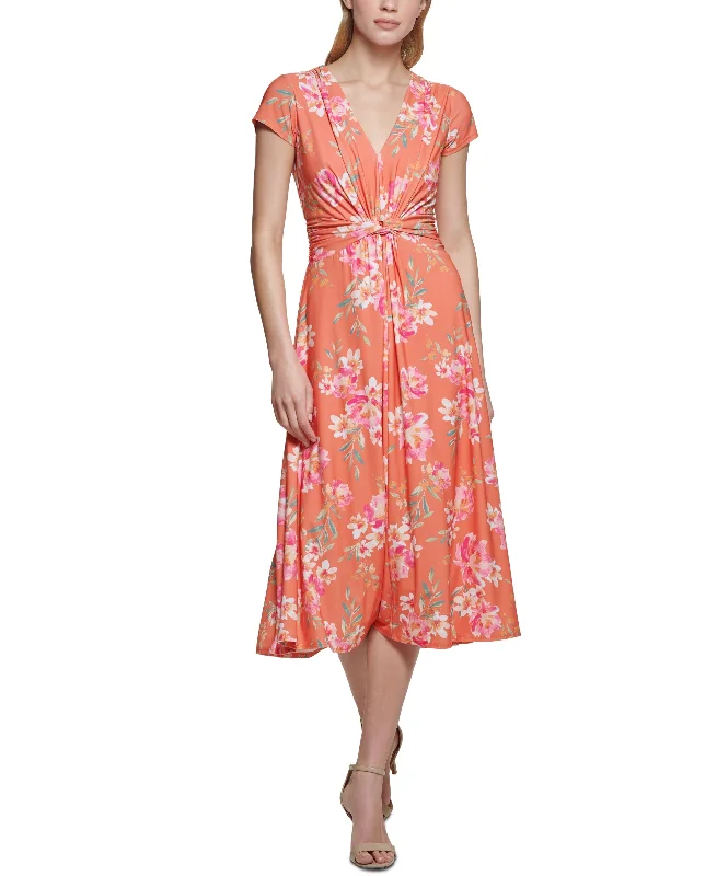 Vince Camuto Womens Floral-Print Twist-Front Midi Dress Trendy Ruffle Hem Midi Dress