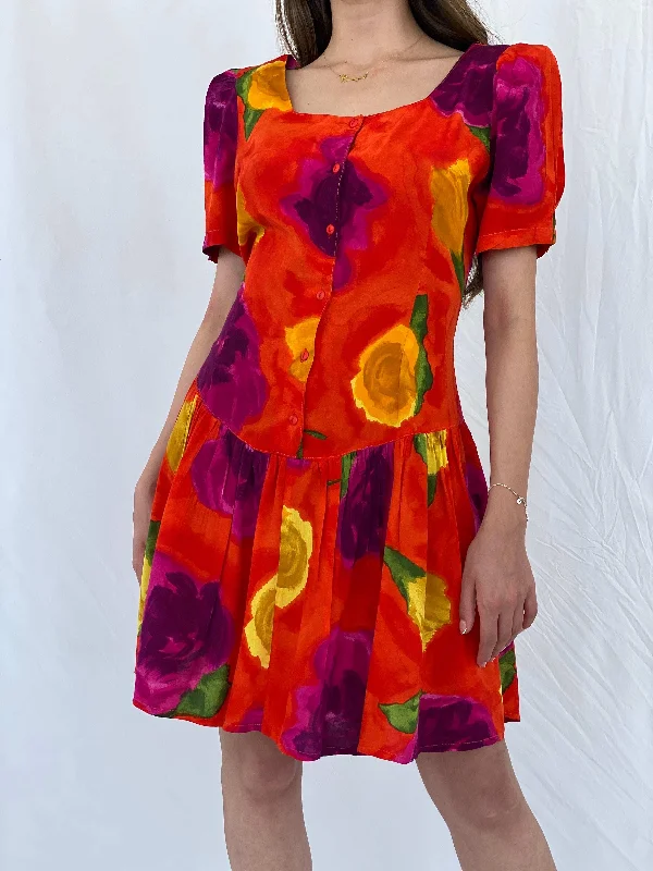 Vintage 80s La Li T Orange Floral Midi Dress - L Fashionable Pleated Midi Dress