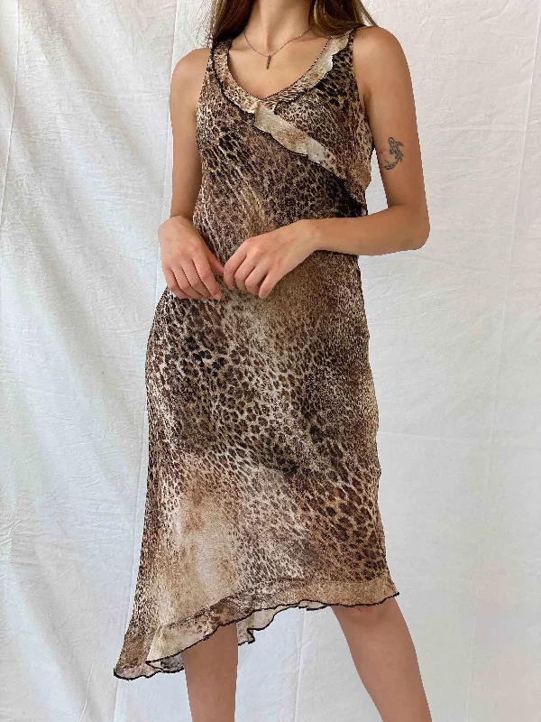 Vintage Anna Rossi Leopard Print Sleeveless Midi Dress - M Stylish Button-Down Midi Dress