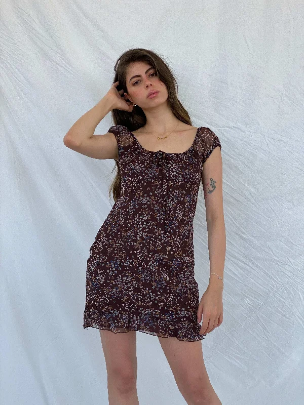 Vintage City Triangles Floral Brown Mini Dress - S Trendy Tie-Dye Mini Dress