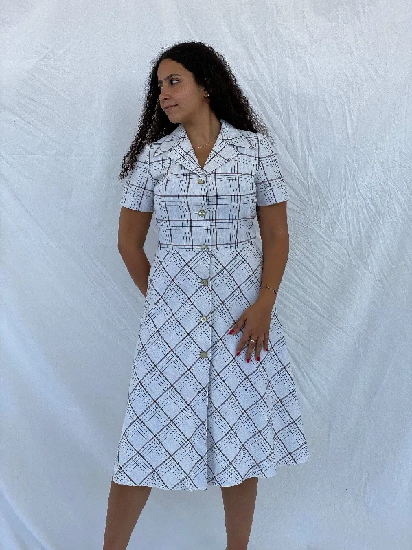 Vintage Handmade Checkered Picnic Midi Dress Size L Elegant Pleated Sleeve Midi Dress