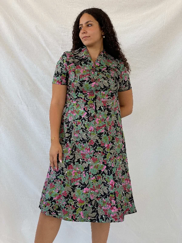 Vintage Handmade Floral Picnic Black and Green Midi Dress - L Comfortable Button Front Midi Dress