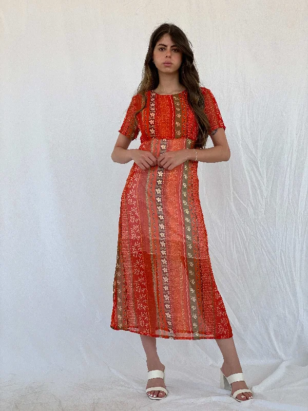 Vintage Kitty-K Orange Sheer Boho Print Midi Dress - M Comfortable Denim Midi Dress