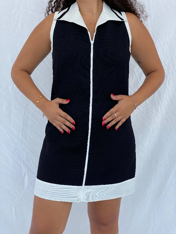 Vintage Handmade Zip-Up Tennis Style Black Midi Dress with White Collar - L Cozy Spaghetti Strap Midi Dress