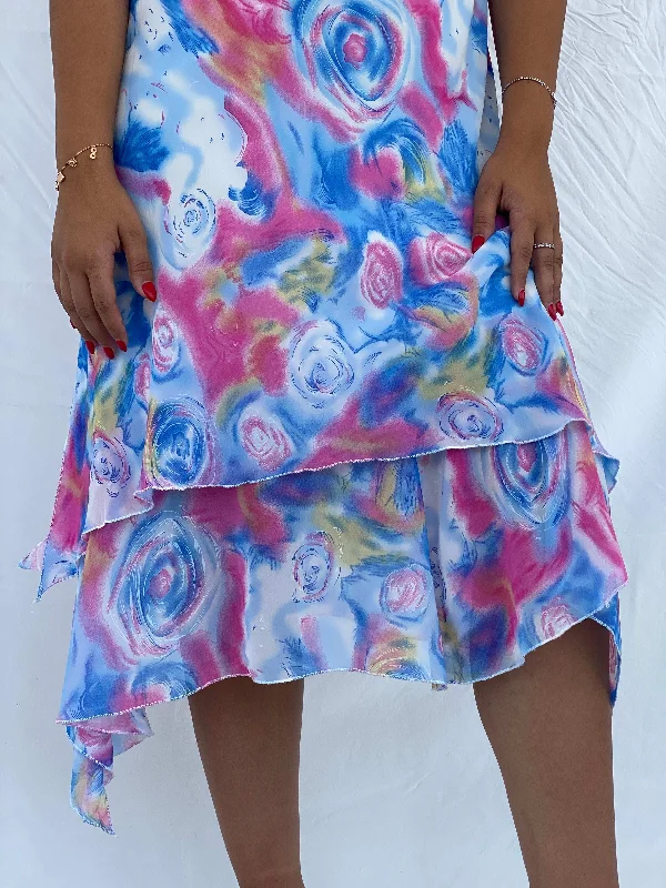 Vintage TYC Blue and Pink Floral Spaghetti Strap Midi Dress - XL Stylish Striped Midi Dress