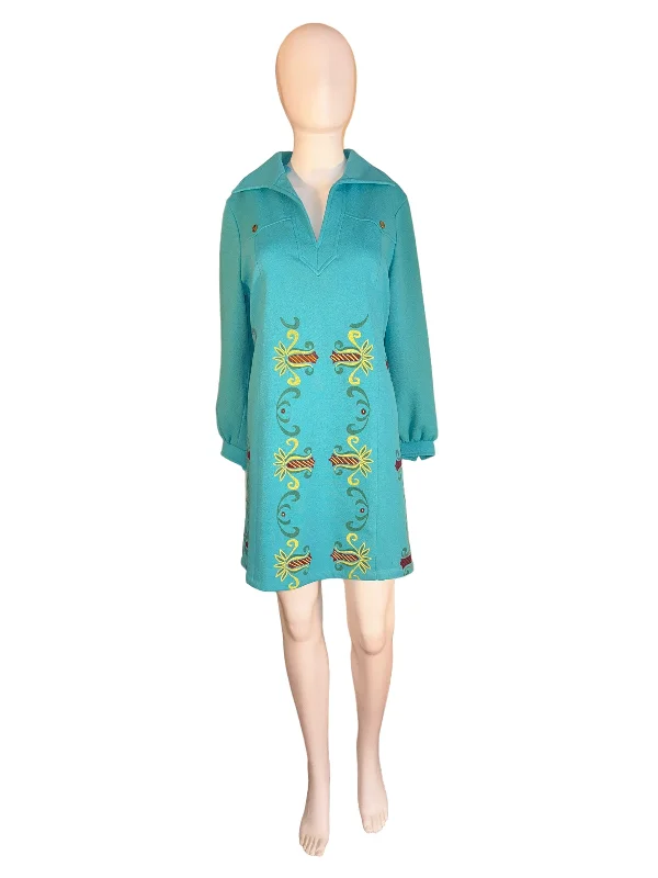 Vintage Wide Lapel Dress Turquoise Hand Painted Mini/Midi Dress 1970s Fashionable Wide Leg Midi Dress