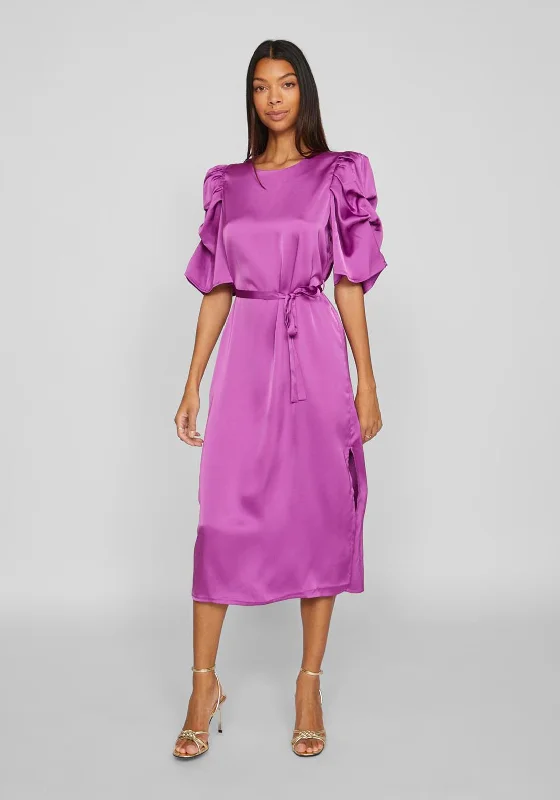 Vila Ravenna Satin Puff Sleeve Midi Dress, Cattleya Orchid Stylish Vintage Midi Dress