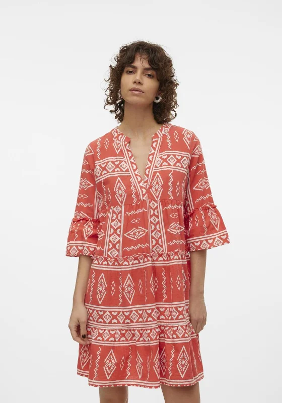 Vero Moda Dicthe Printed Tunic Smock Mini Dress, Cayenne Elegant Silk Mini Dress