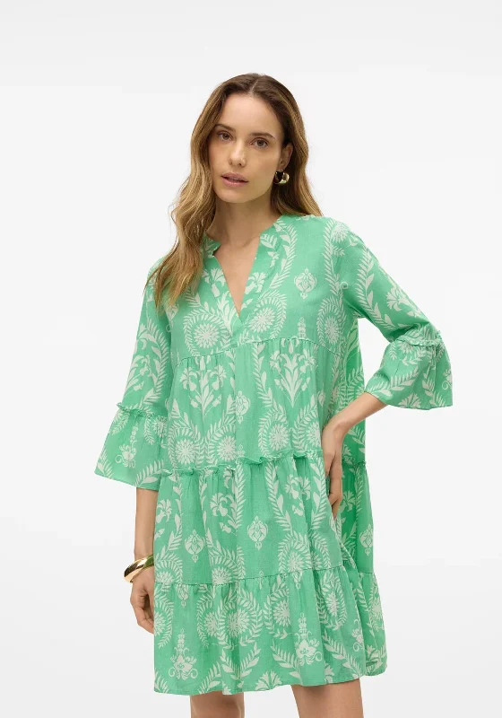 Vero Moda Dicthe Printed Tunic Smock Mini Dress, Green Chic Pleated Mini Dress