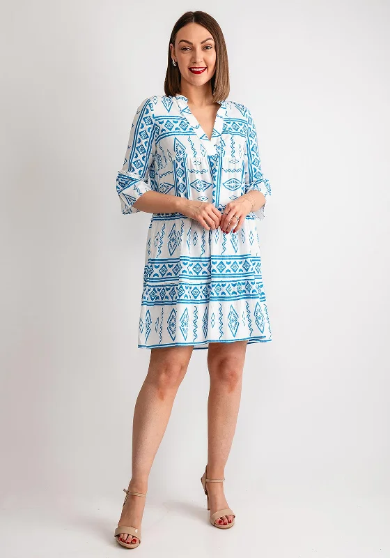 Vero Moda Dicthe Printed Tunic Smock Mini Dress, Snow White & Blue Elegant Satin Mini Dress