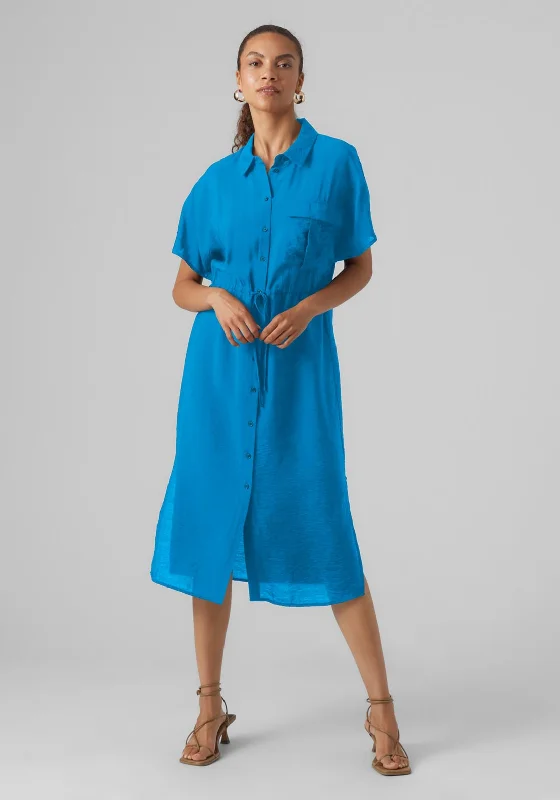 Vero Moda Iris Shirt Midi Dress, Ibiza Blue Stylish Tiered Midi Dress