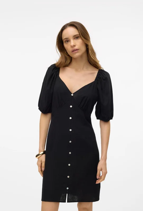 Vero Moda Mymilo Linen Blend Button Mini Dress, Black Stylish Sweetheart Neck Mini Dress