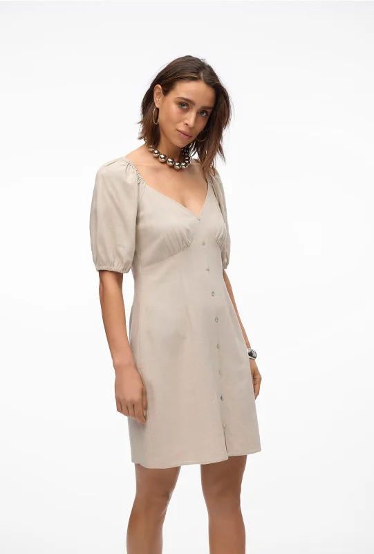 Vero Moda Mymilo Linen Blend Button Mini Dress, Silver Lining Comfortable Zip-Up Mini Dress