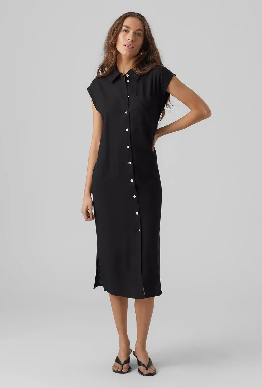 Vero Moda Mymilo Linen Blend Shirt Midi Dress, Black Comfortable Geometric Print Midi Dress