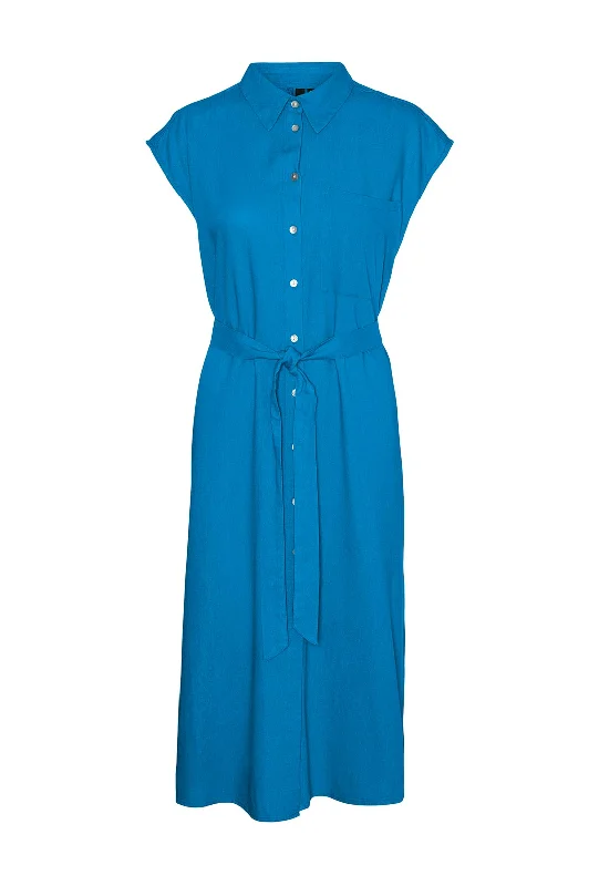 Vero Moda Mymilo Linen Blend Shirt Midi Dress, Ibiza Blue Trendy Knit Midi Dress