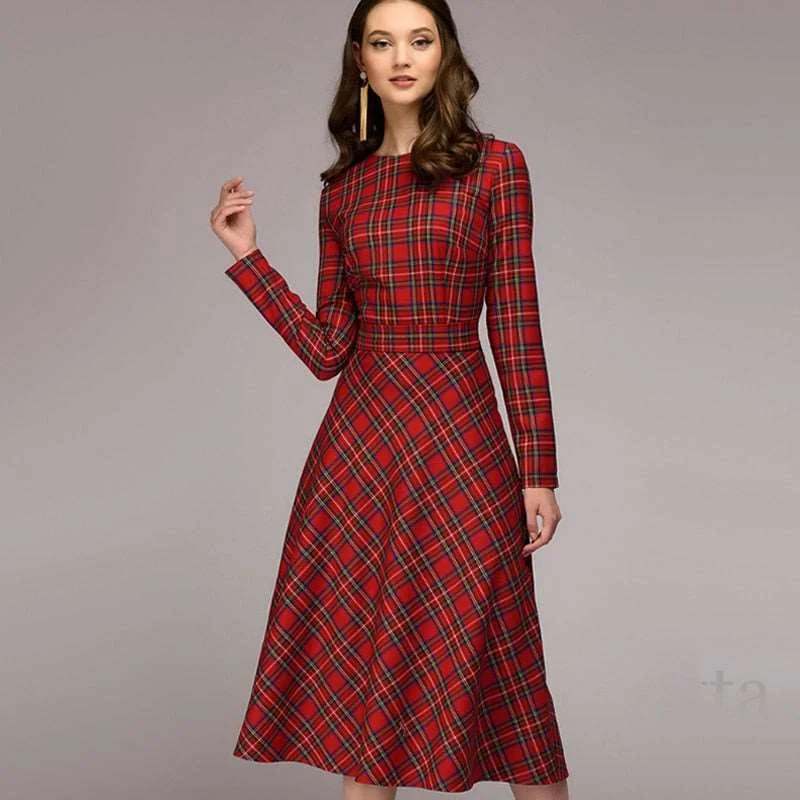 Women's Elegant Plaid Checkered Midi Dress Cozy A-Line Midi Dress