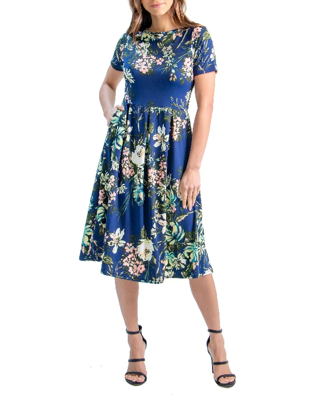 Womens Short Sleeve Floral Pocket Midi Dress Fashionable Chiffon Midi Dress