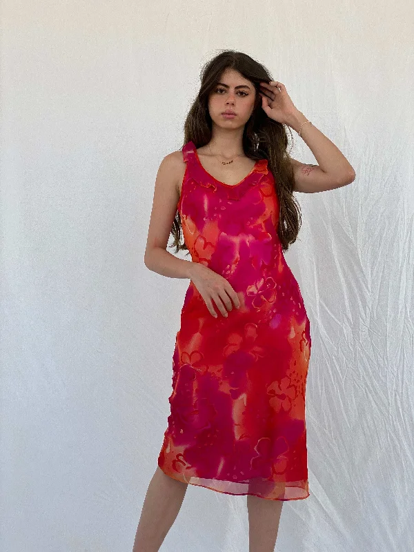 Y2K Cõté Femme Orange & Pink Midi Dress - M Comfortable Floral Print Midi Dress