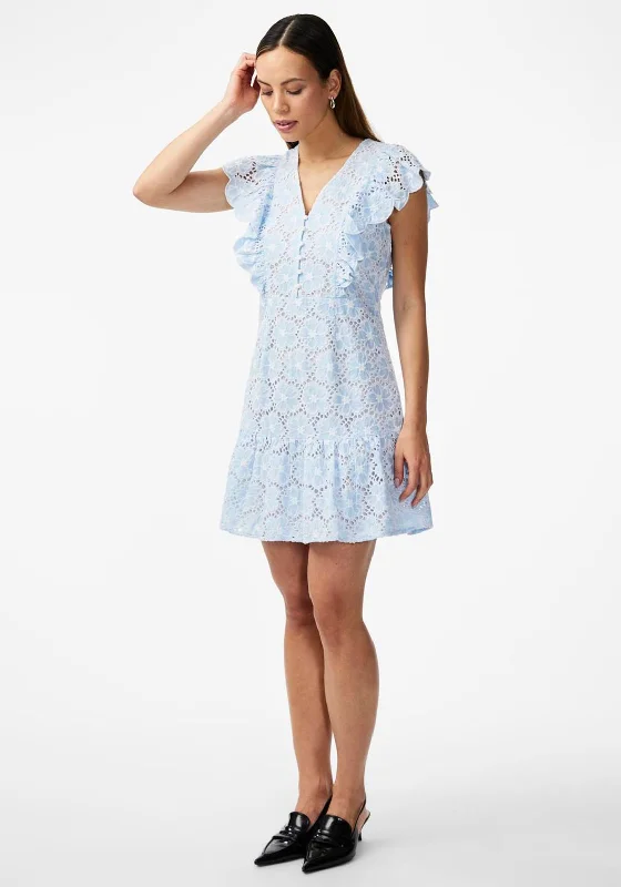 Y.A.S Beauty Broderie Mini Dress, Clear Sky & White Cozy Cotton Mini Dress