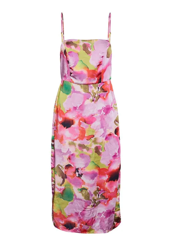 Y.A.S Lingo Watercolour Inspired Midi Dress, Pink Lavender Stylish Button-Up Midi Dress