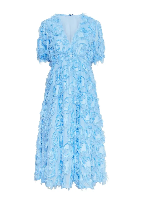 Y.A.S Pazylla Feathered A Line Midi Dress, Alaskan Blue Elegant V-Neck Midi Dress