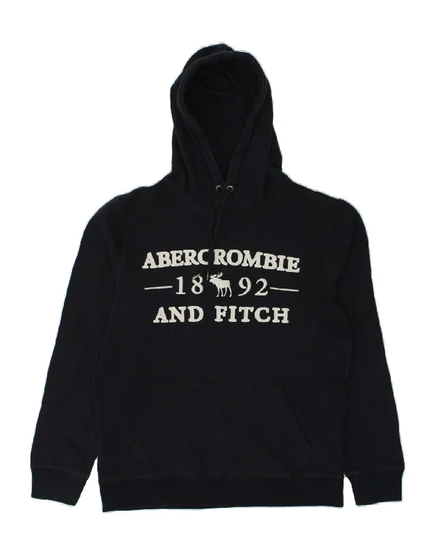 ABERCROMBIE & FITCH Womens Graphic Hoodie Jumper UK 10 Small Navy Blue Hoodie with High-Low Hem Asymmetrical Trendy