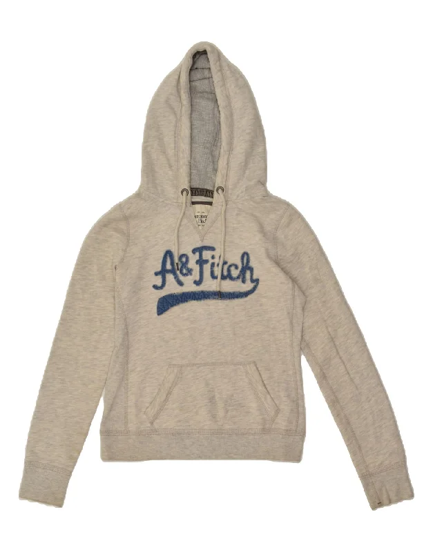 ABERCROMBIE & FITCH Womens Graphic Hoodie Jumper UK 14 Medium Grey Cotton Hoodie with Hem Applique Textured Unique