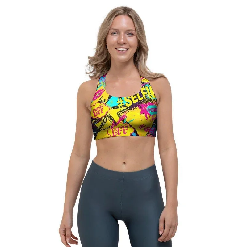 Abstract Comic Bubble Graffiti Print Sports Bra Chic Lace Bra