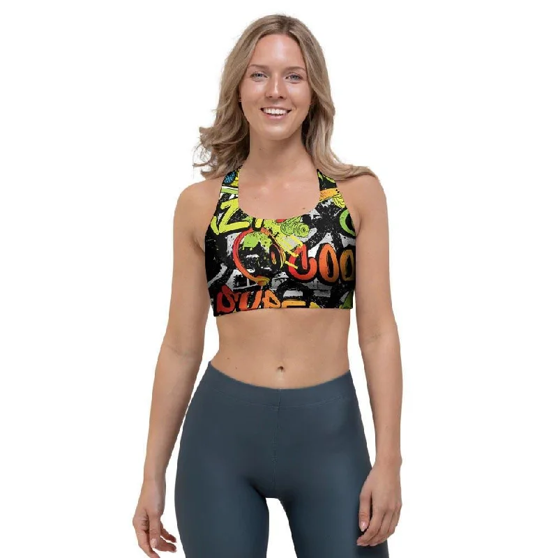 Abstract Graffiti Drips Print Sports Bra Comfortable Lounge Bra