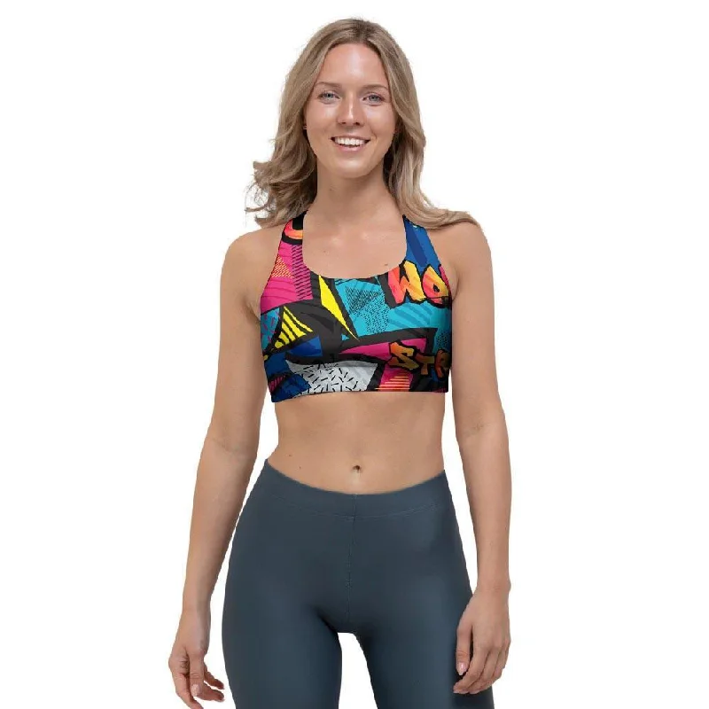 Abstract Graffiti Wow Print Sports Bra Active Wear Bra