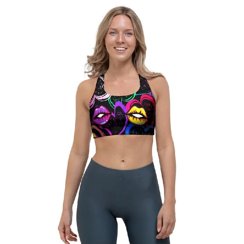 Abstract Lip Graffiti Print Sports Bra Classic Wire-Free Bra