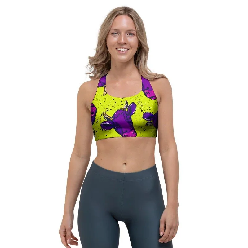 Abstract Neon Cow Print Sports Bra Contour Bra Style