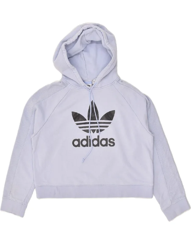 ADIDAS Womens Crop Graphic Hoodie Jumper UK 12 Medium  Blue Cotton Hoodie with Snap Buttons Easy Quick