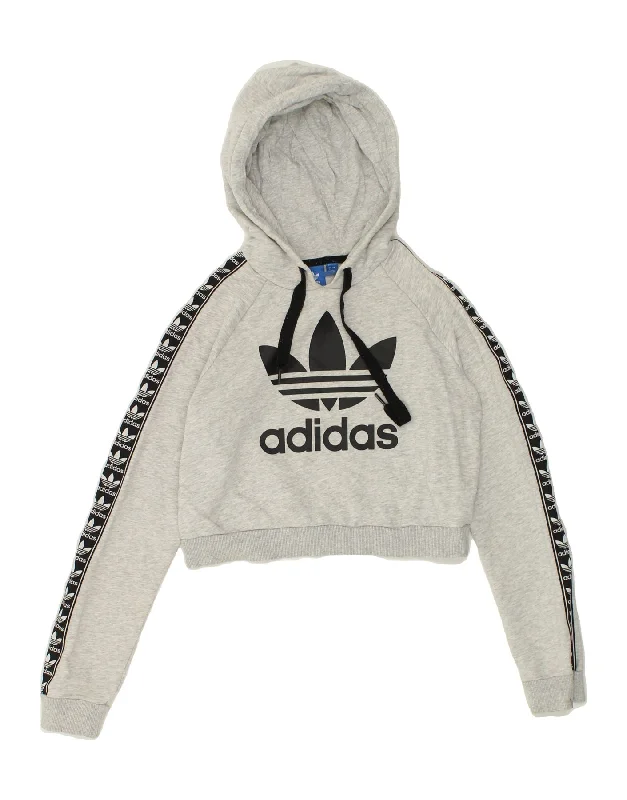 ADIDAS Womens Crop Graphic Hoodie Jumper UK 8 Small  Grey Cotton Hoodie with Hem Raw Edge Edgy Unfinished