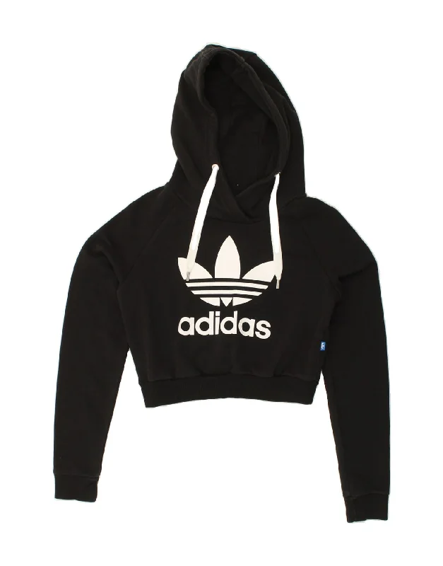 ADIDAS Womens Graphic Crop Hoodie Jumper UK 6 XS Black Cotton Hoodie with Zipper Versatile Modern