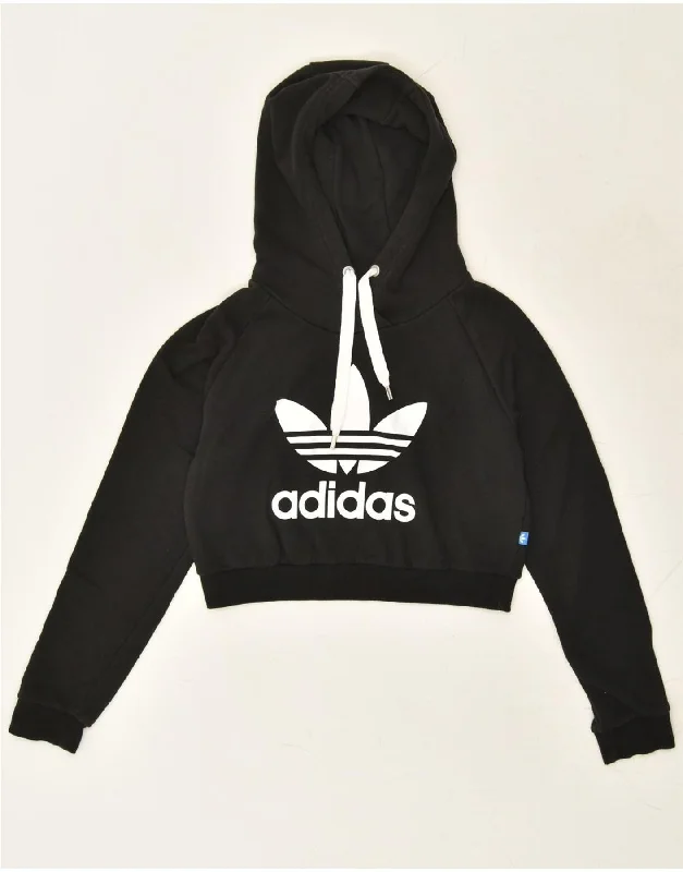 ADIDAS Womens Graphic Crop Hoodie Jumper UK 8 Small  Black Cotton Hoodie with Pastel Soft Subtle